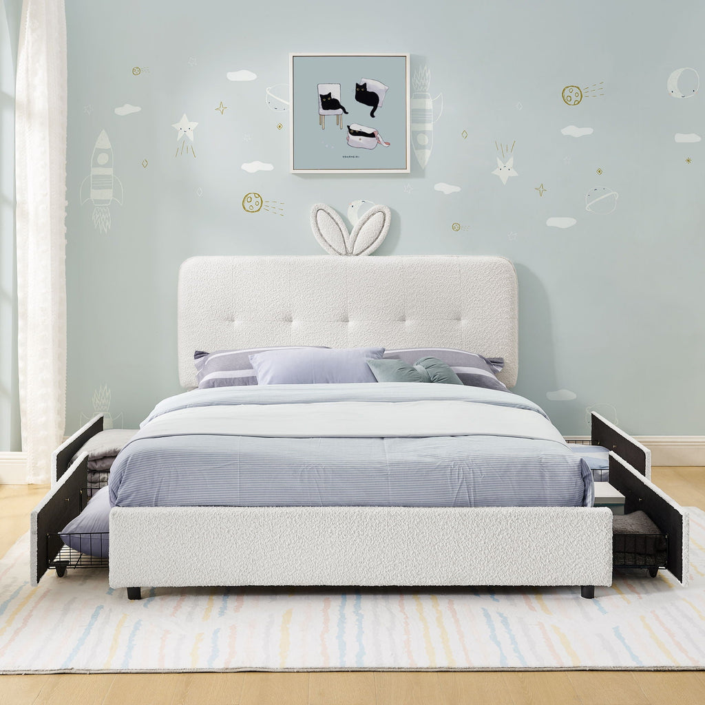 Upholstered Storage Bed with Oversized Rabbit Ear Headboard & LED Lights - Beige or Light Blue
