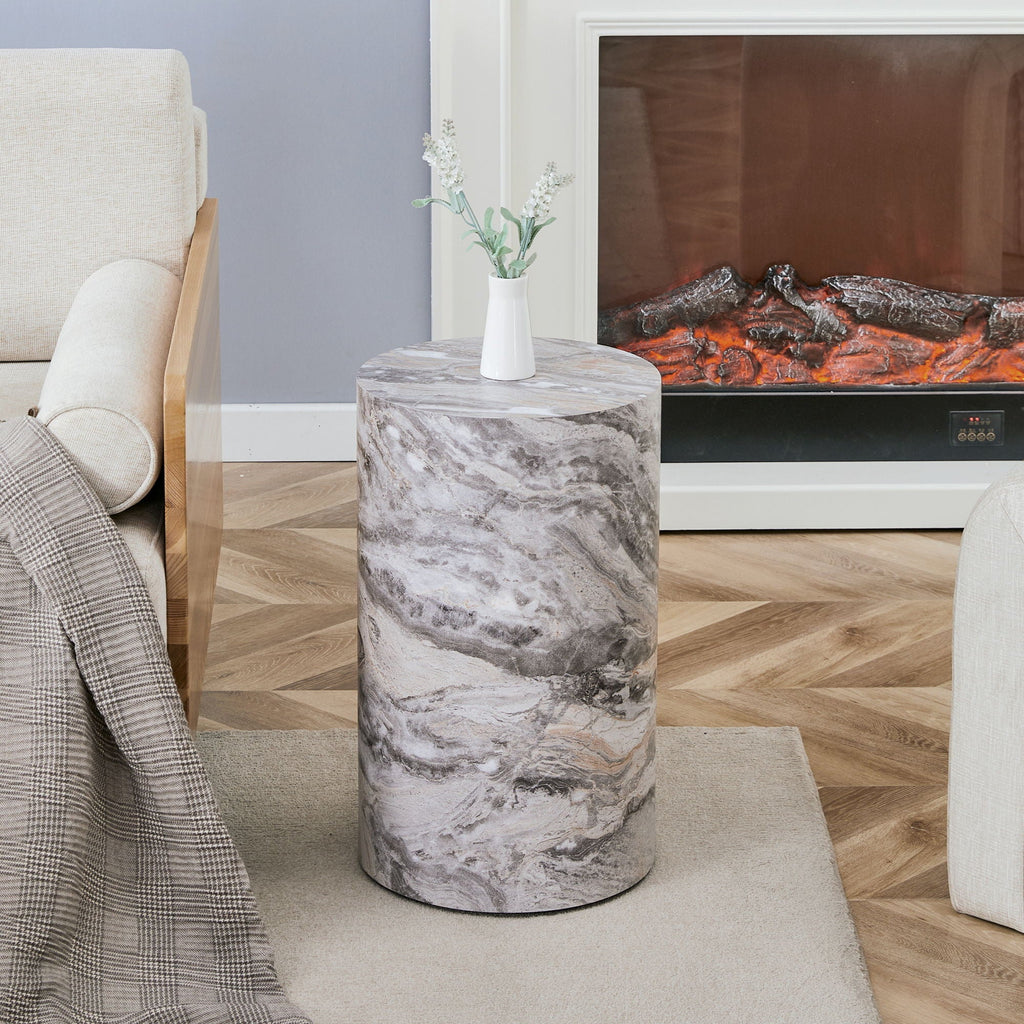 Gray Marble Textured Cylindrical Coffee Table with Stone Look - Gray