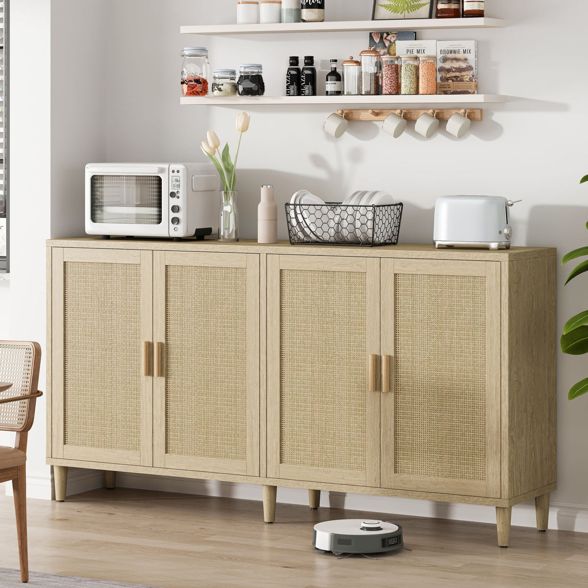 Buffet Cabinet with Adjustable Shelves and Rattan Doors - Light or Dark Brown