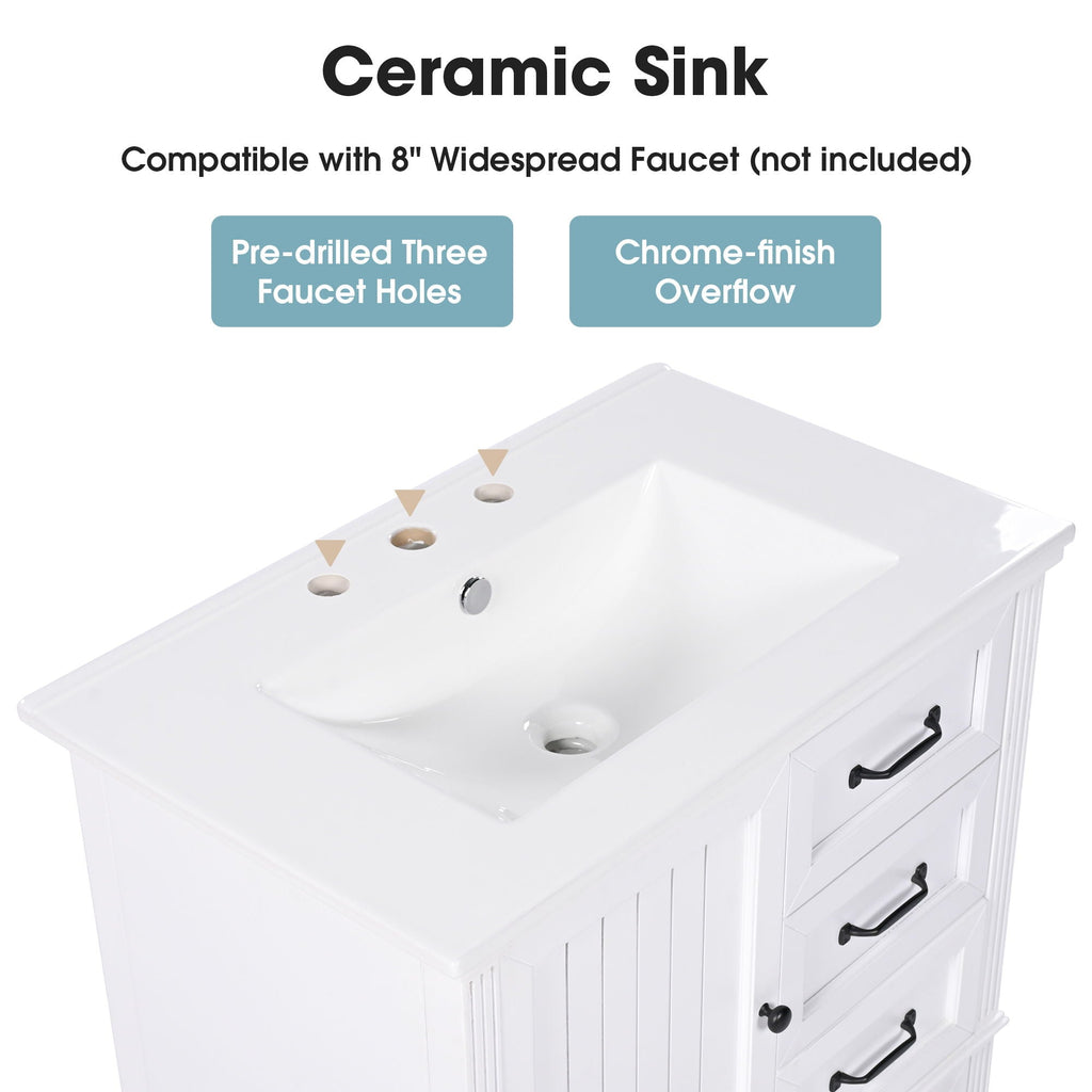 30" Bathroom Vanity with Sink and Soft-Close Drawers - White or Black