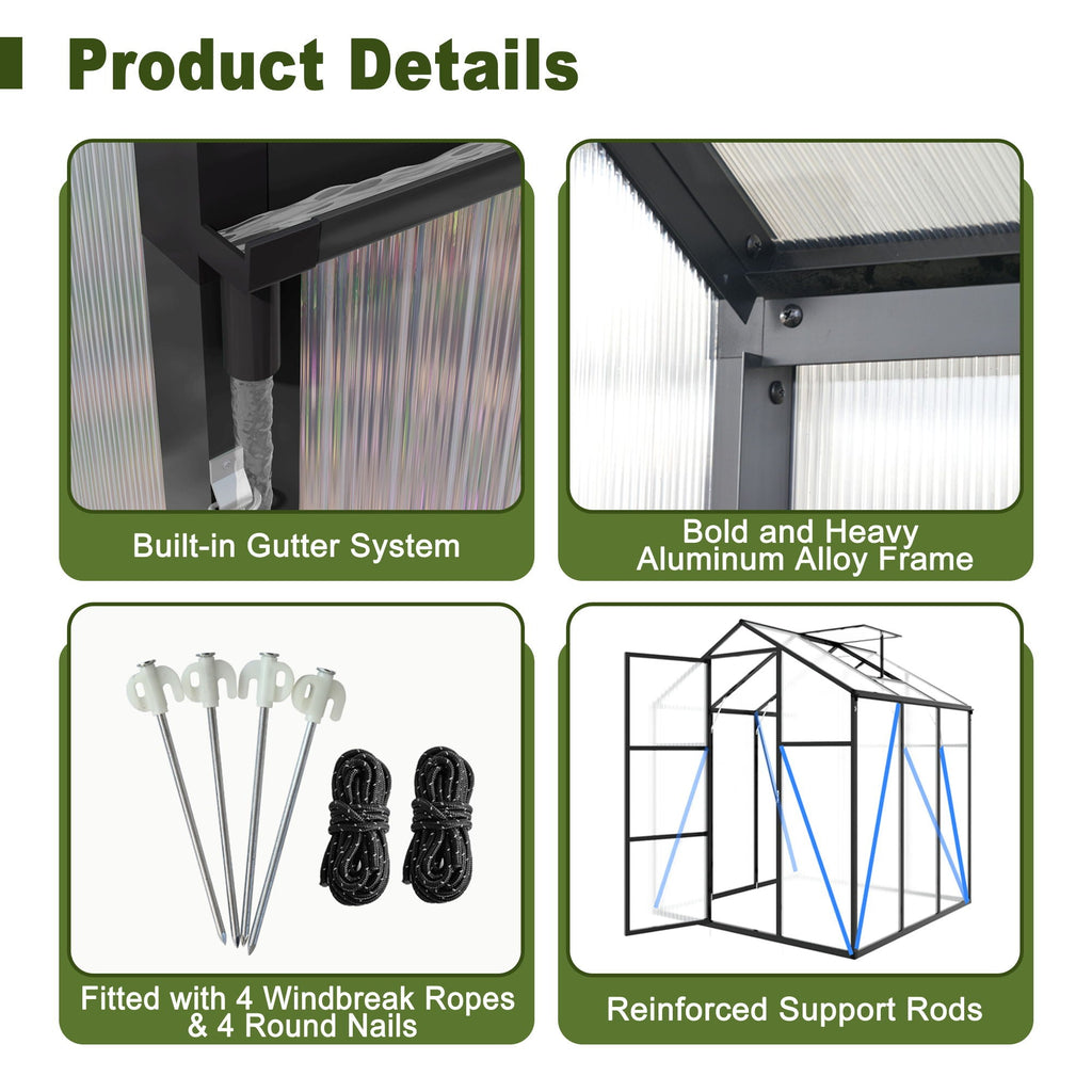 Windproof Greenhouse with Raised Base - Polycarbonate Panels - Black