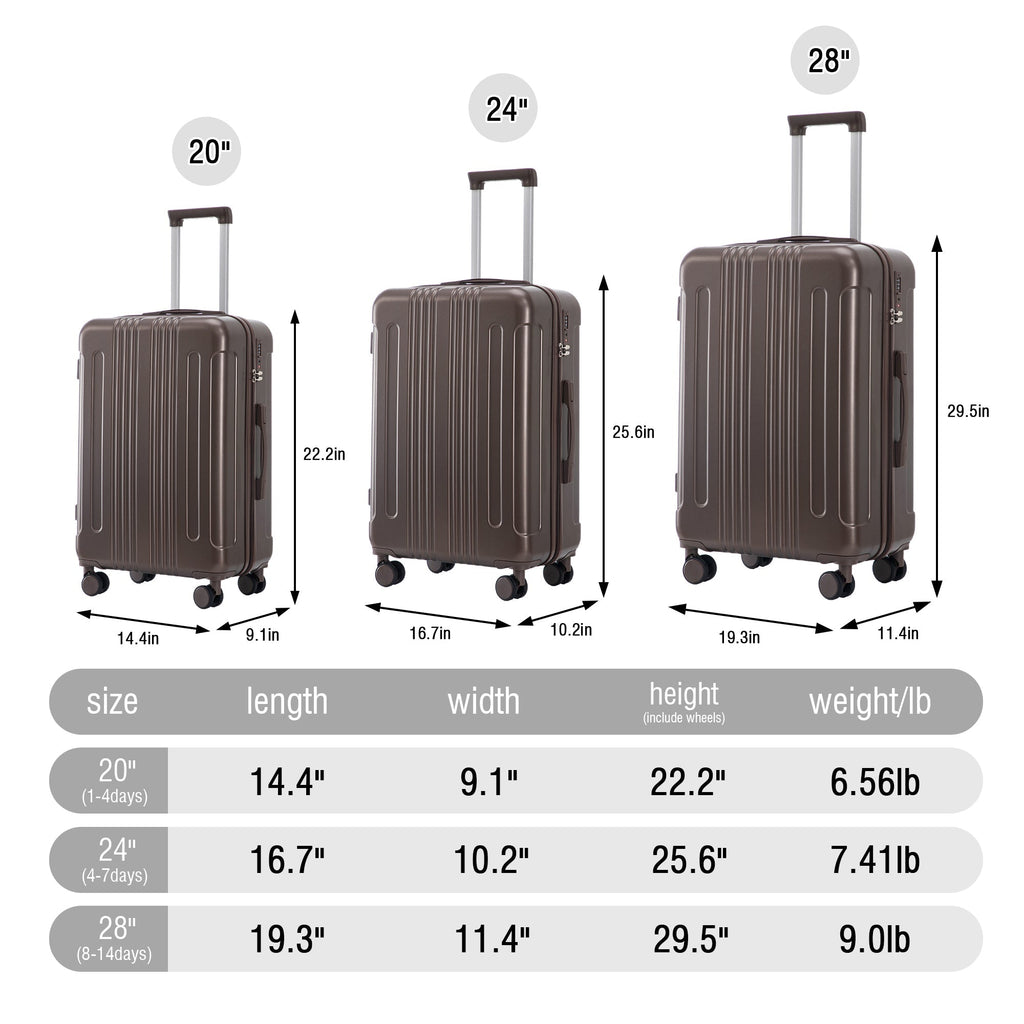 3 Piece ABS Spinner Wheel Luggage Set with Spinner Wheels - Brown