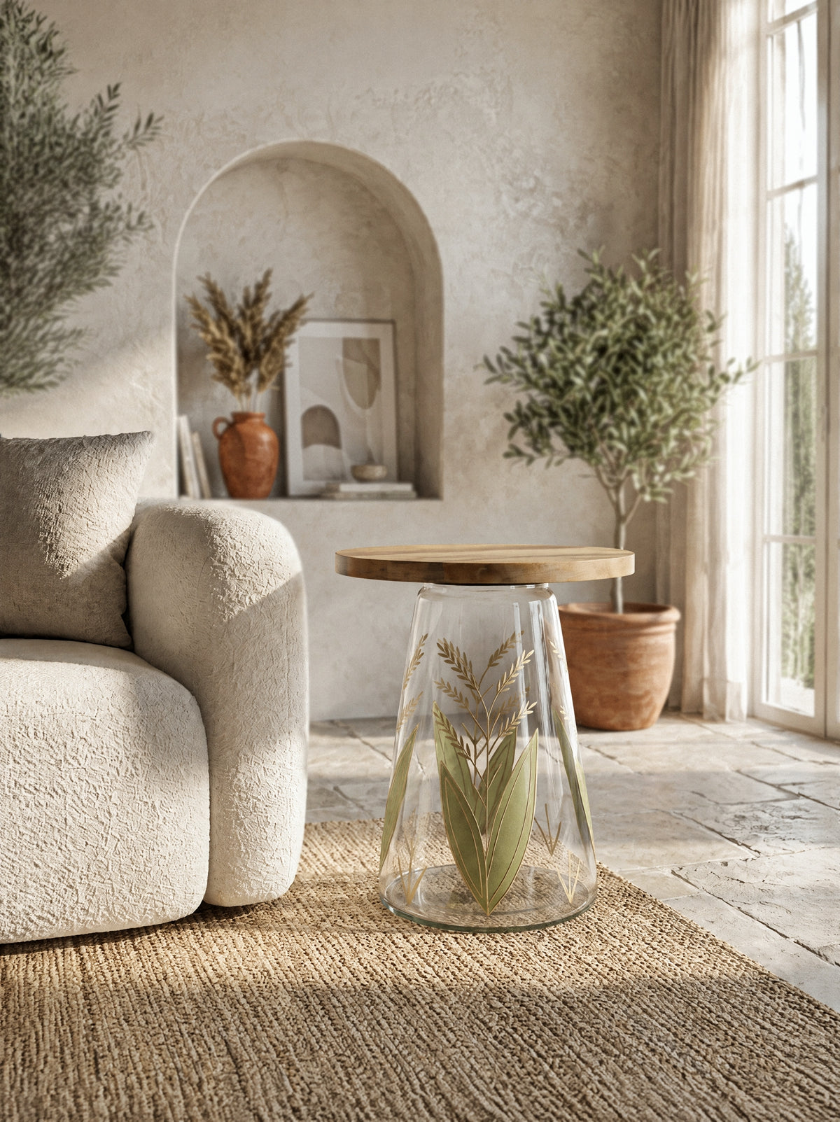 Round Glass Side Table with Hand-Painted Glass Base and Wood Top