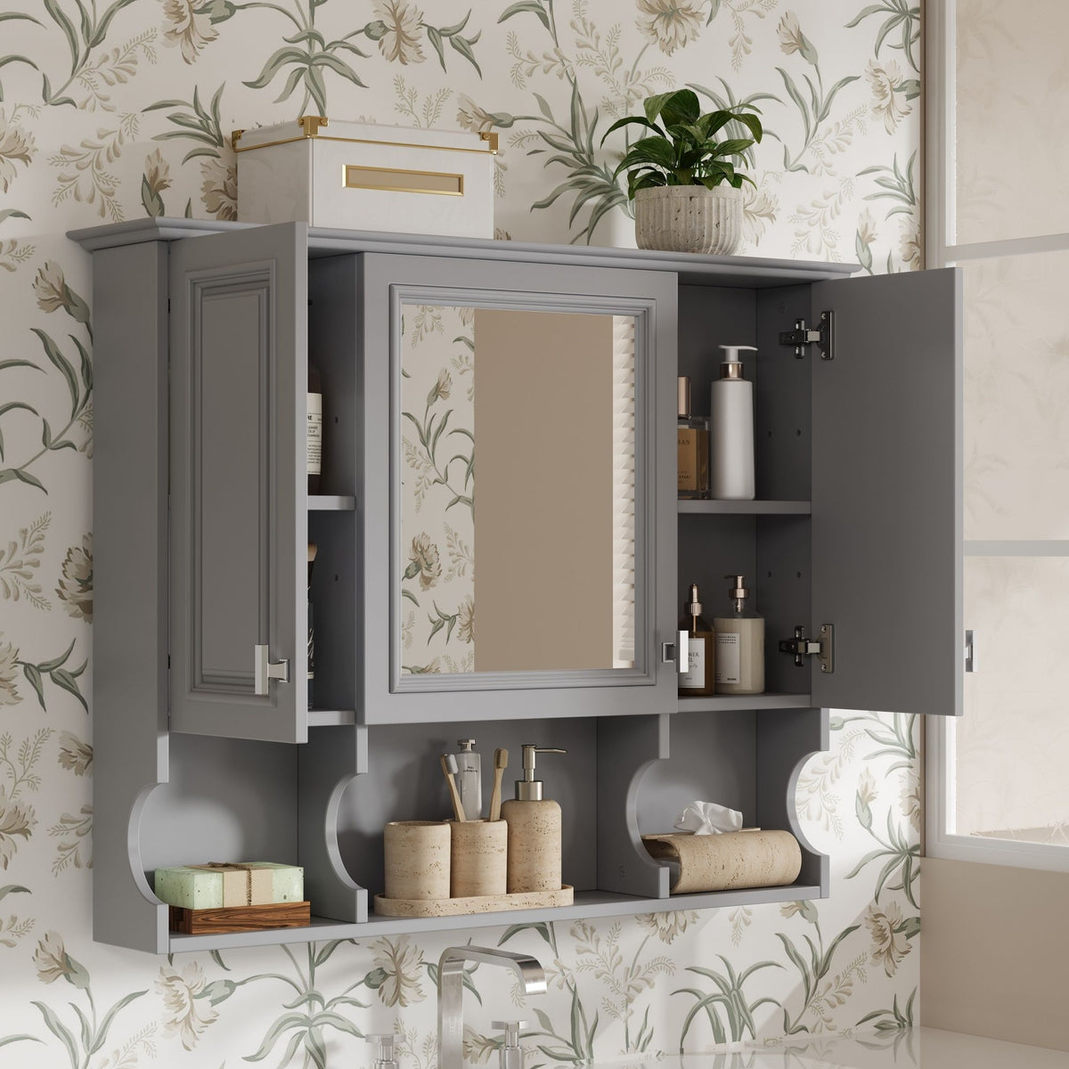 Wall Mounted Bathroom Medicine Cabinet With Mirror & Open Shelves