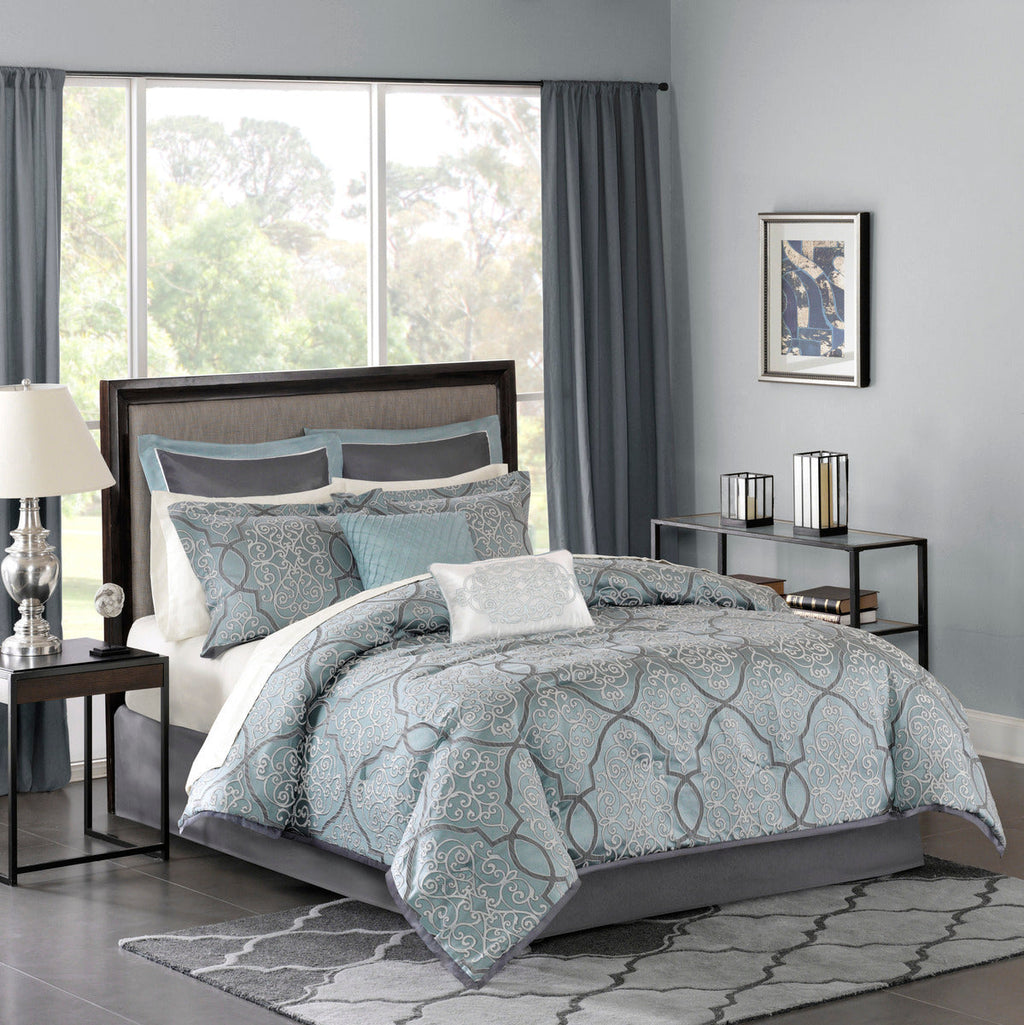 12 Piece Blue King Comforter Set with Cotton Bed Sheets