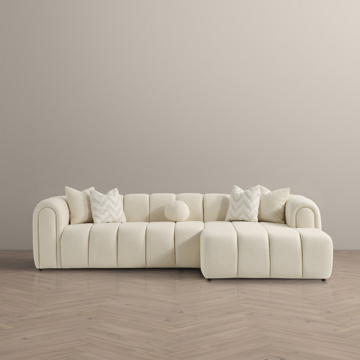 Modern Tufted Right Sectional Sofa with Toss Pillows - Ivory