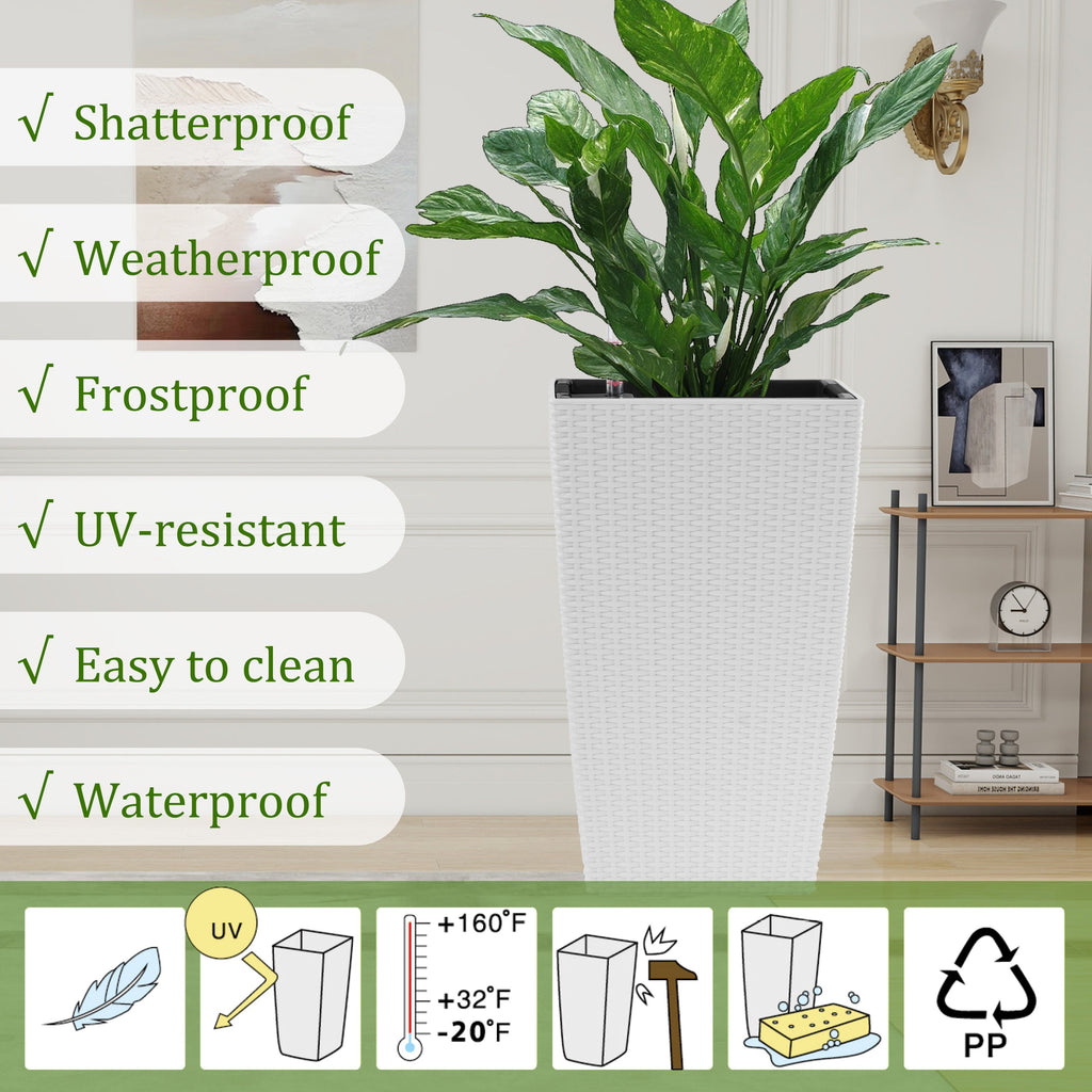 22.6-Inch Modern Faux Rattan Square Planter with Automatic Watering System - White