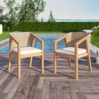 Light Teak Patio Dining Chair Set of 2 with Rope-Design Backrest - Outdoor