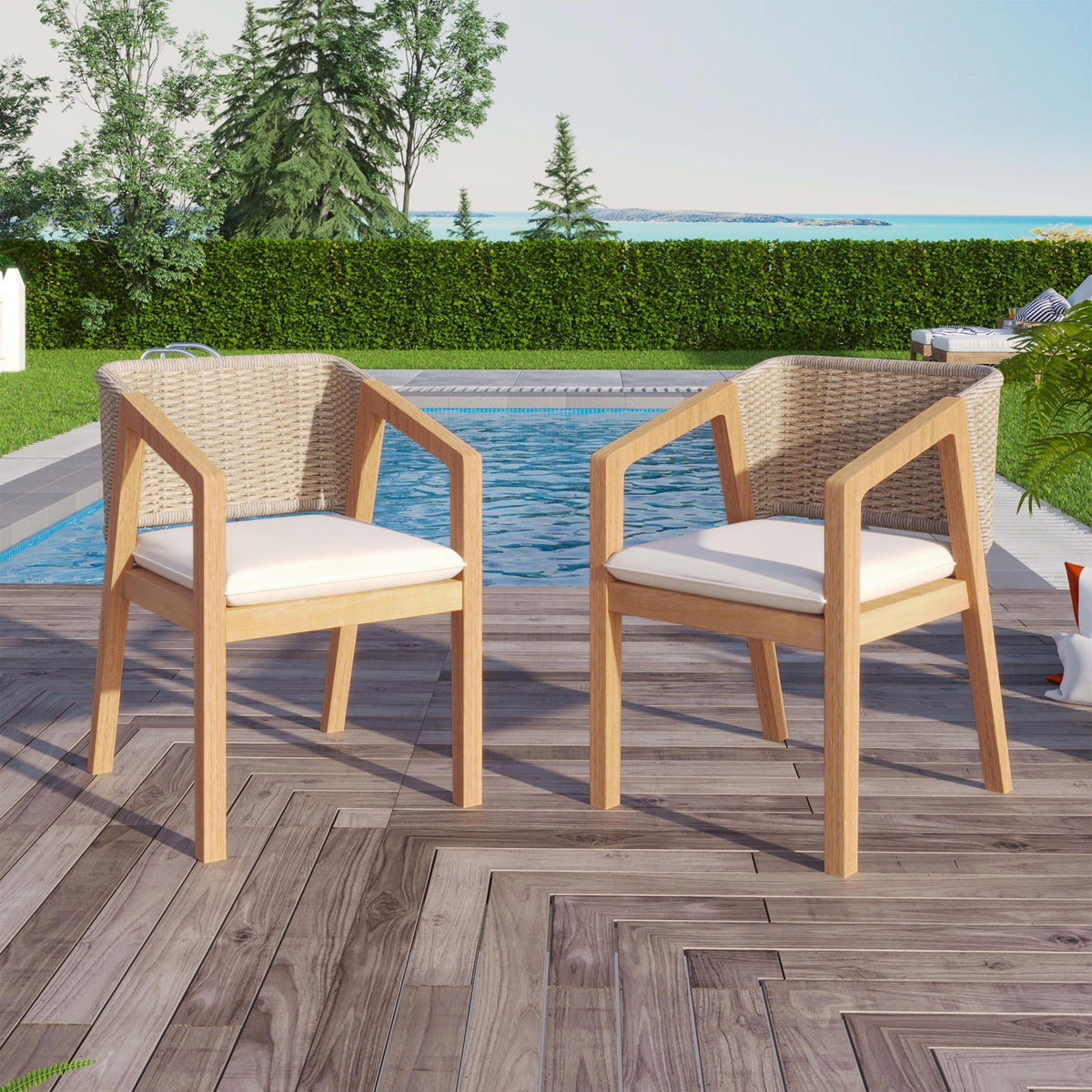 Light Teak Patio Dining Chair Set of 2 with Rope-Design Backrest - Outdoor