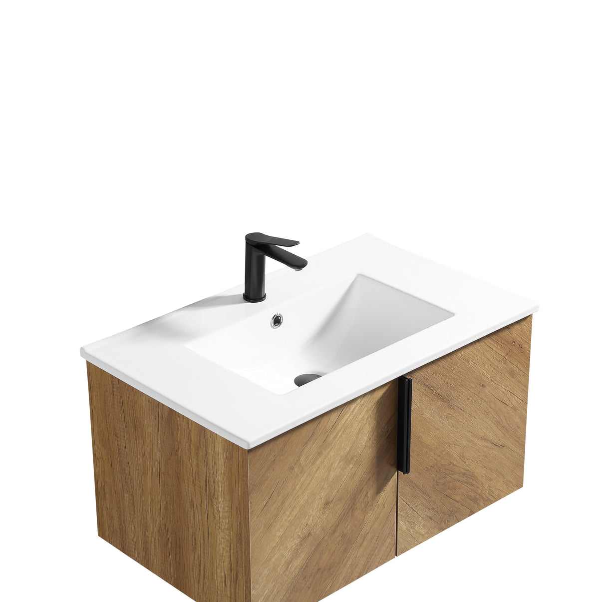 36 Inch Wall-Mounted Bathroom Vanity with 3D Fluted Panel & Ceramic Sink - Golden Oak