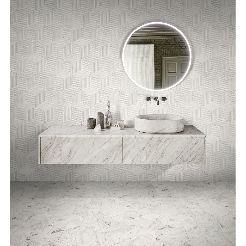 Hexagon Natural Stone Marble Decorative Tile Set with 3D Fluted Texture - Gray or White