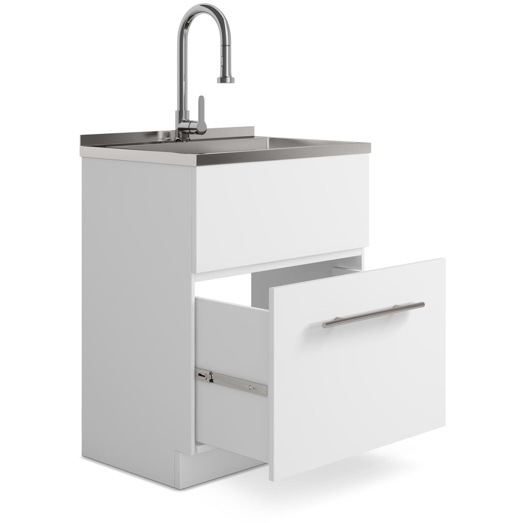 White Laundry Cabinet with Stainless Steel Sink and Faucet