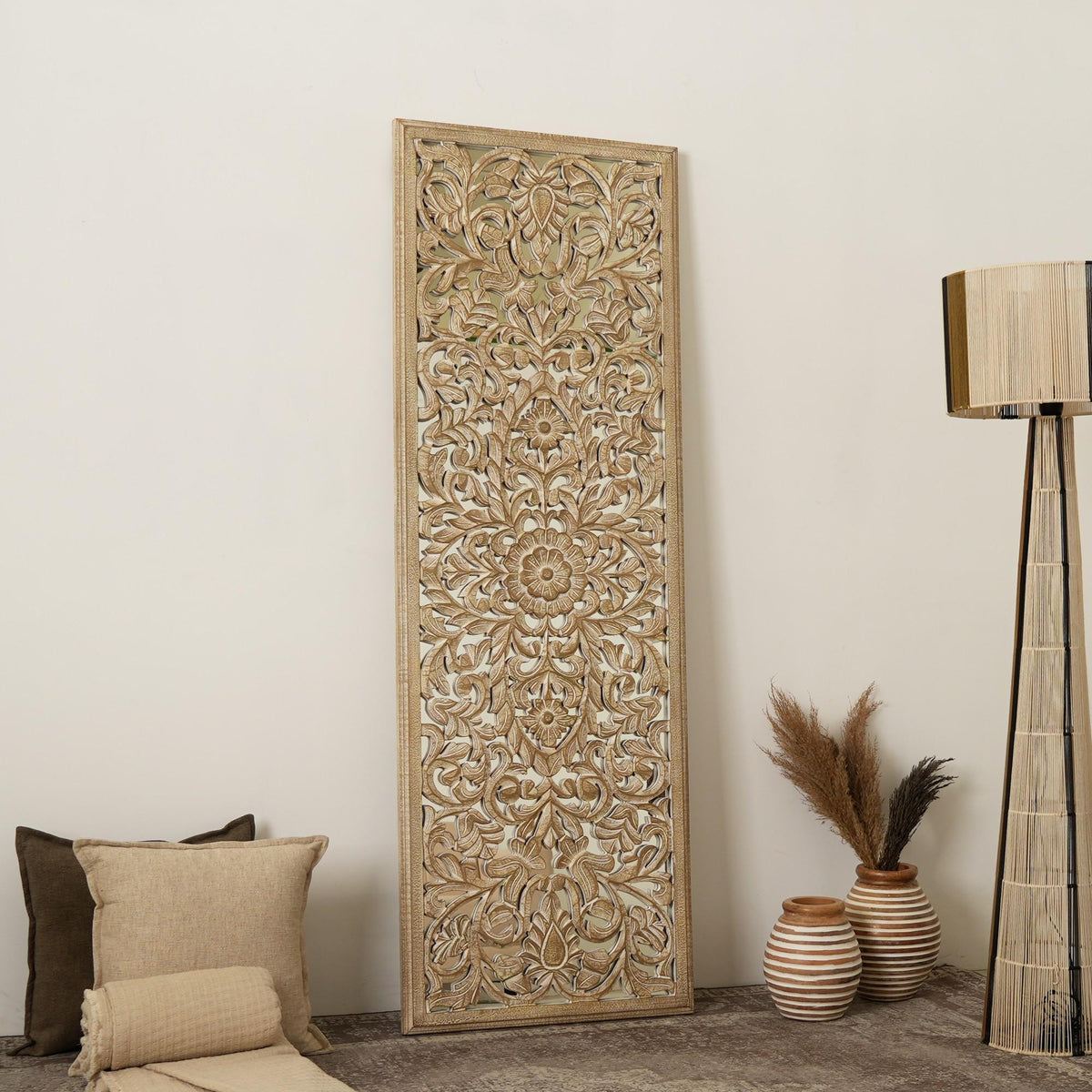 Floral Hand Carved Mandala Rectangle Wall Decor with Mirror - Antique Brown / White