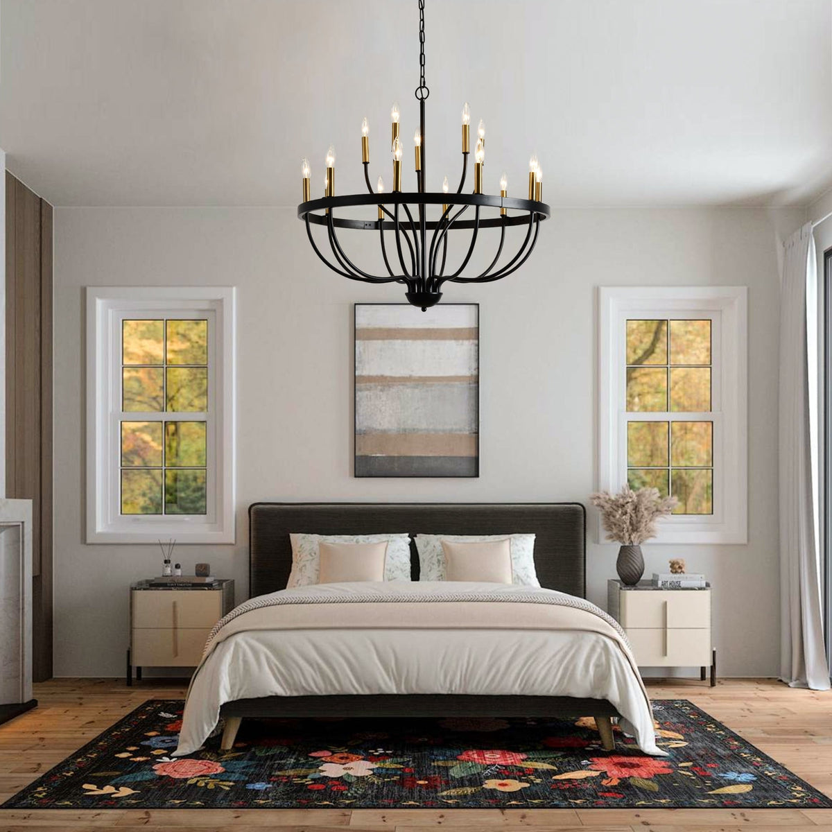 15-Light Industrial Iron Candle Chandelier with Adjustable Height - Black & Gold