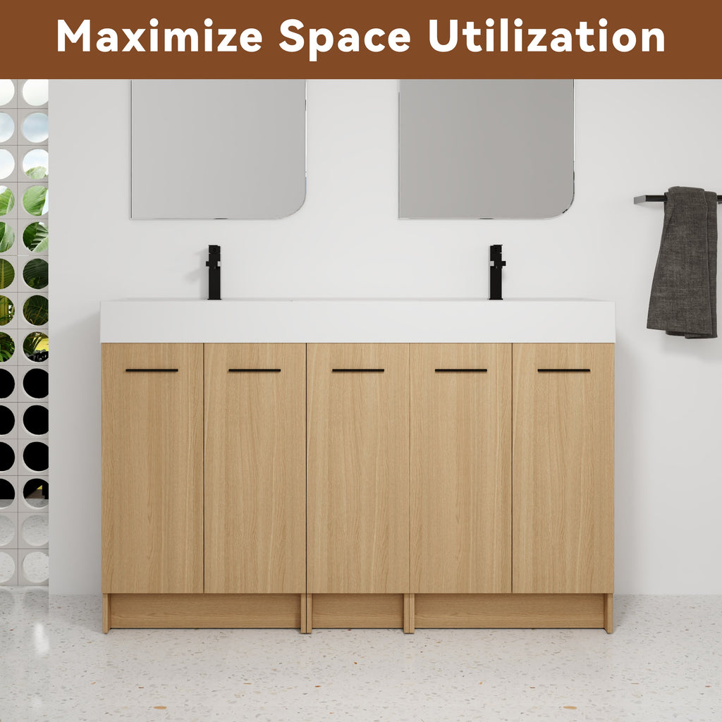 60" Double Sink Bathroom Vanity with Extra-Large Storage - Light Oak