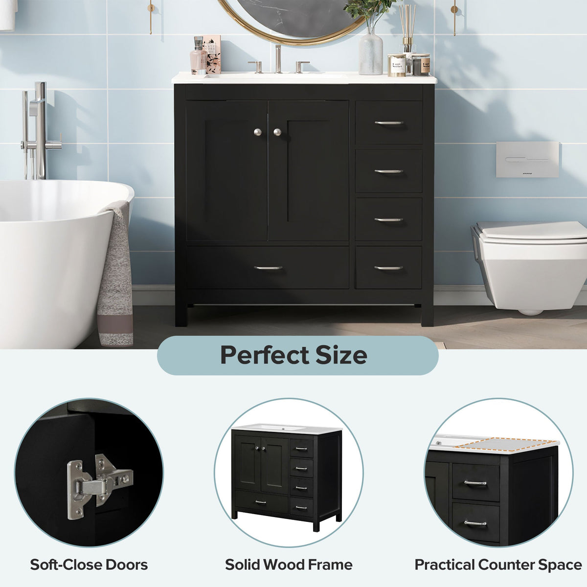36" Black Bathroom Vanity With Ceramic Sink Combo