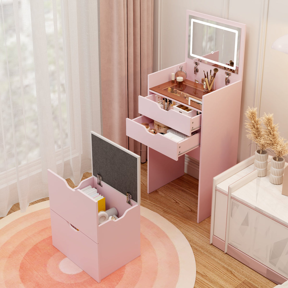 3-in-1 Multifunctional Dressing Table Set with Adjustable Lighting - Wood