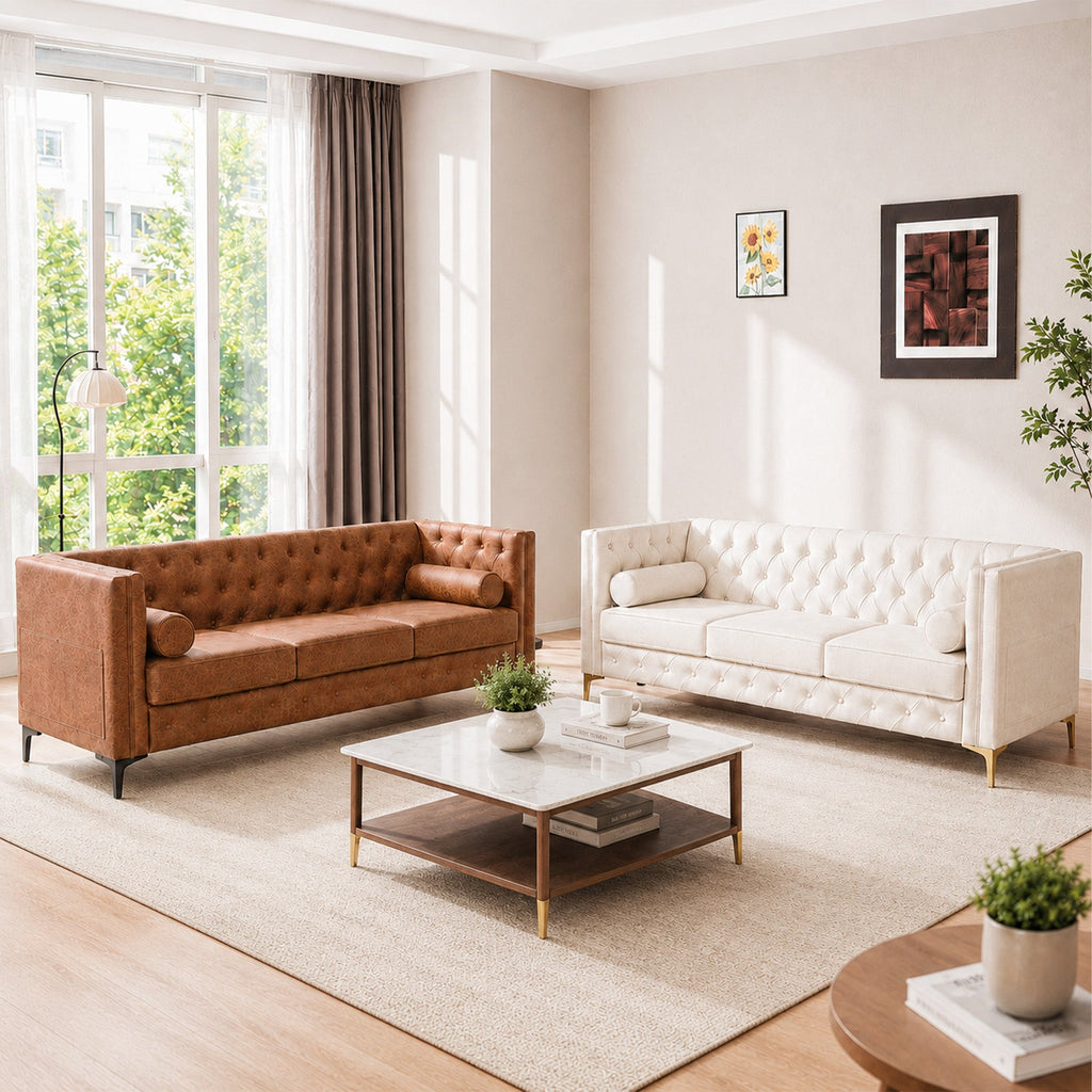 Elegant Button Tufted Sofa with Metallic Legs - Faux Leather