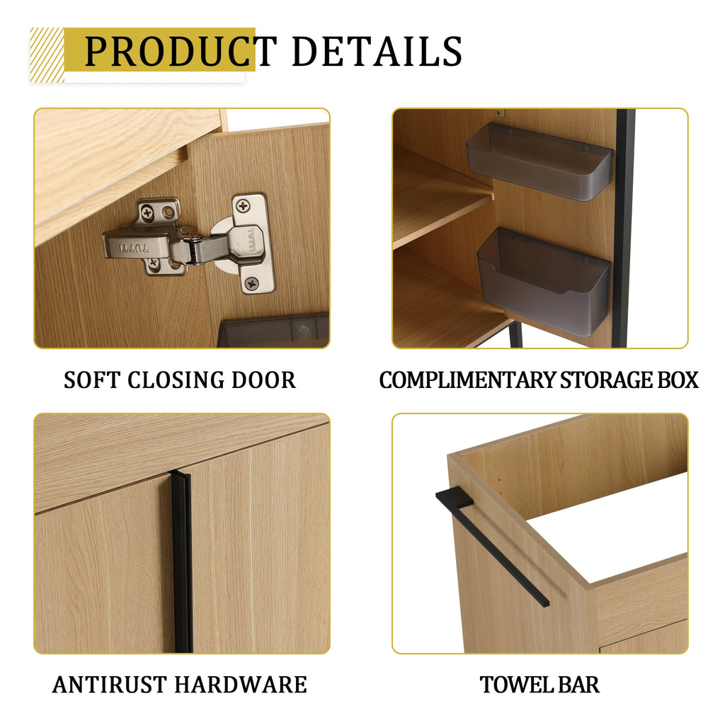 60-Inch Freestanding Bathroom Cabinet with Soft Close Doors & Open Storage - Oak