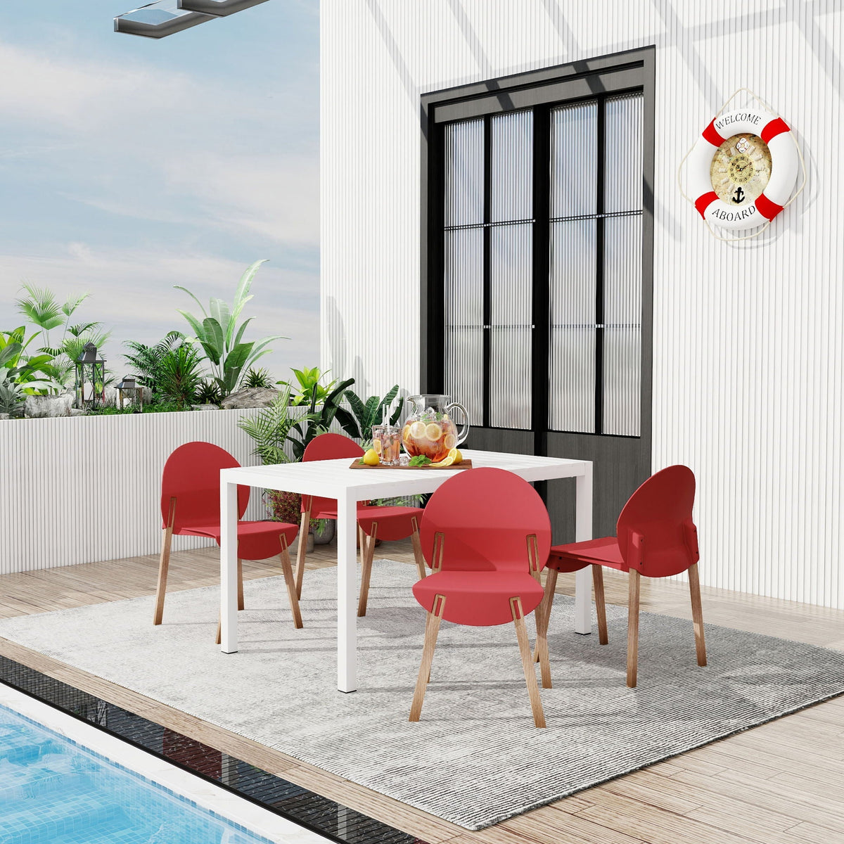 4 Piece Outdoor Set with Ergonomic Polypropylene Chairs - Orange, Red, Blue