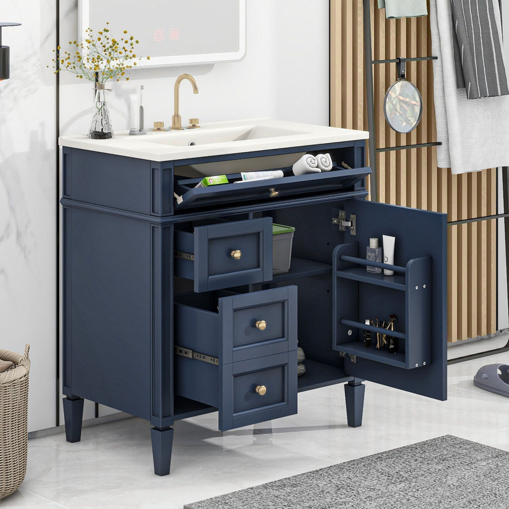 Bathroom Vanity with Ceramic Sink and Multiple Storage Drawers - White, Blue, Dark Gray, Black, Dark Green
