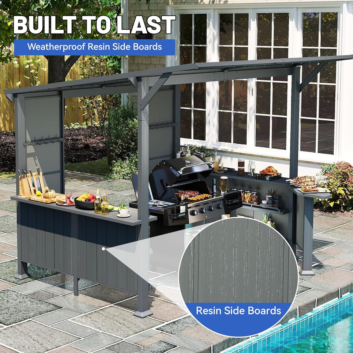 9x10FT Hardtop Grill Gazebo with Storage Shelves - Steel
