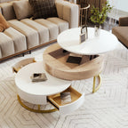 Modern Round Nesting Coffee Tables with Lift-Top and 2 Drawers - White or Black