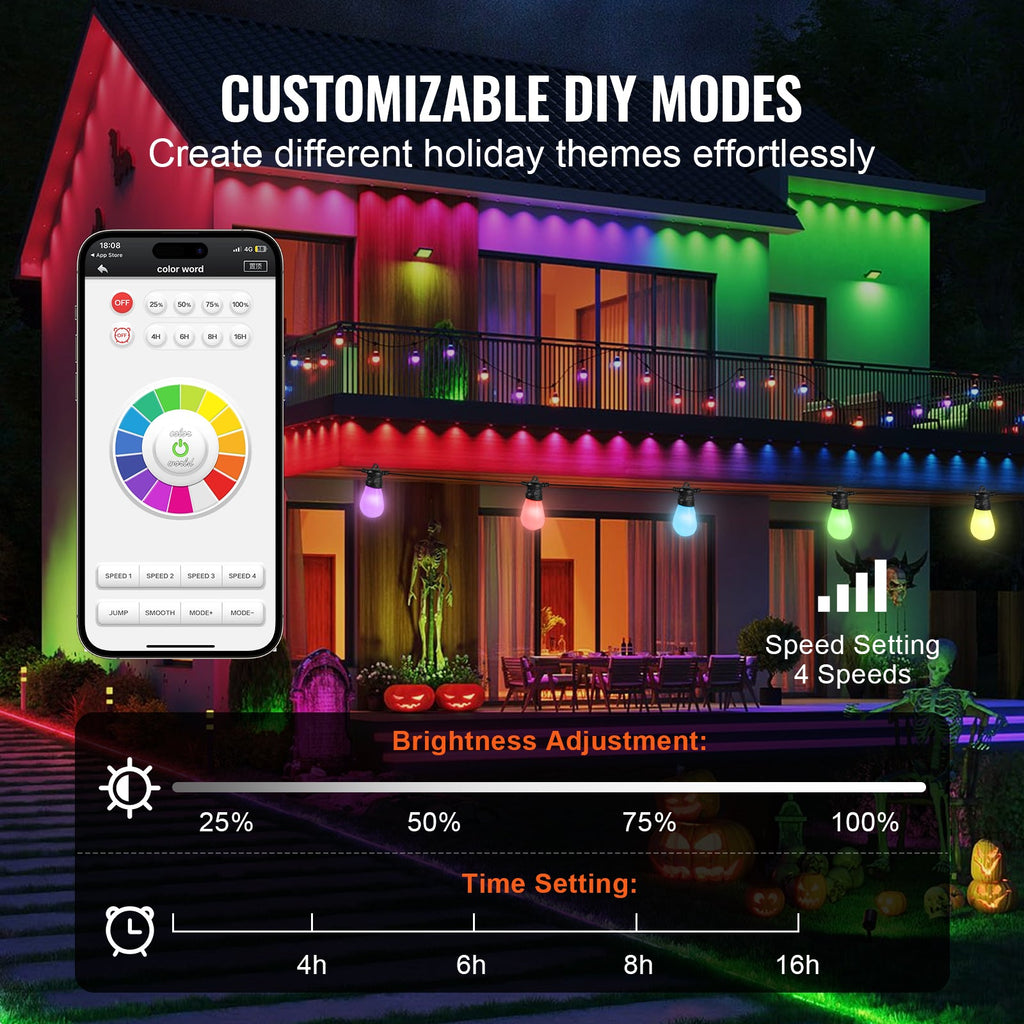 RGB Outdoor String Lights with App Control, 50FT - Multi-Color