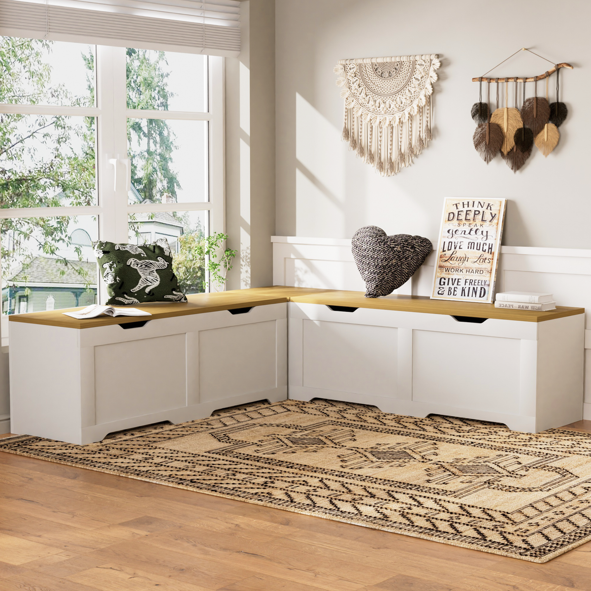 3-Piece L-Shaped Multi-Functional Storage Bench with Cushion - White/Natural