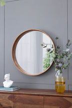 Round Wood Wall Mirror with Durable Fir Frame - Light Brown