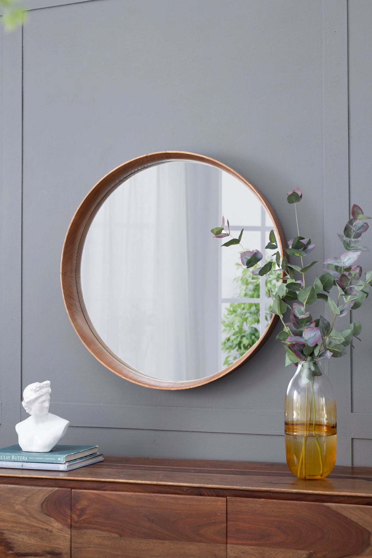 Round Wood Wall Mirror with Durable Fir Frame - Light Brown