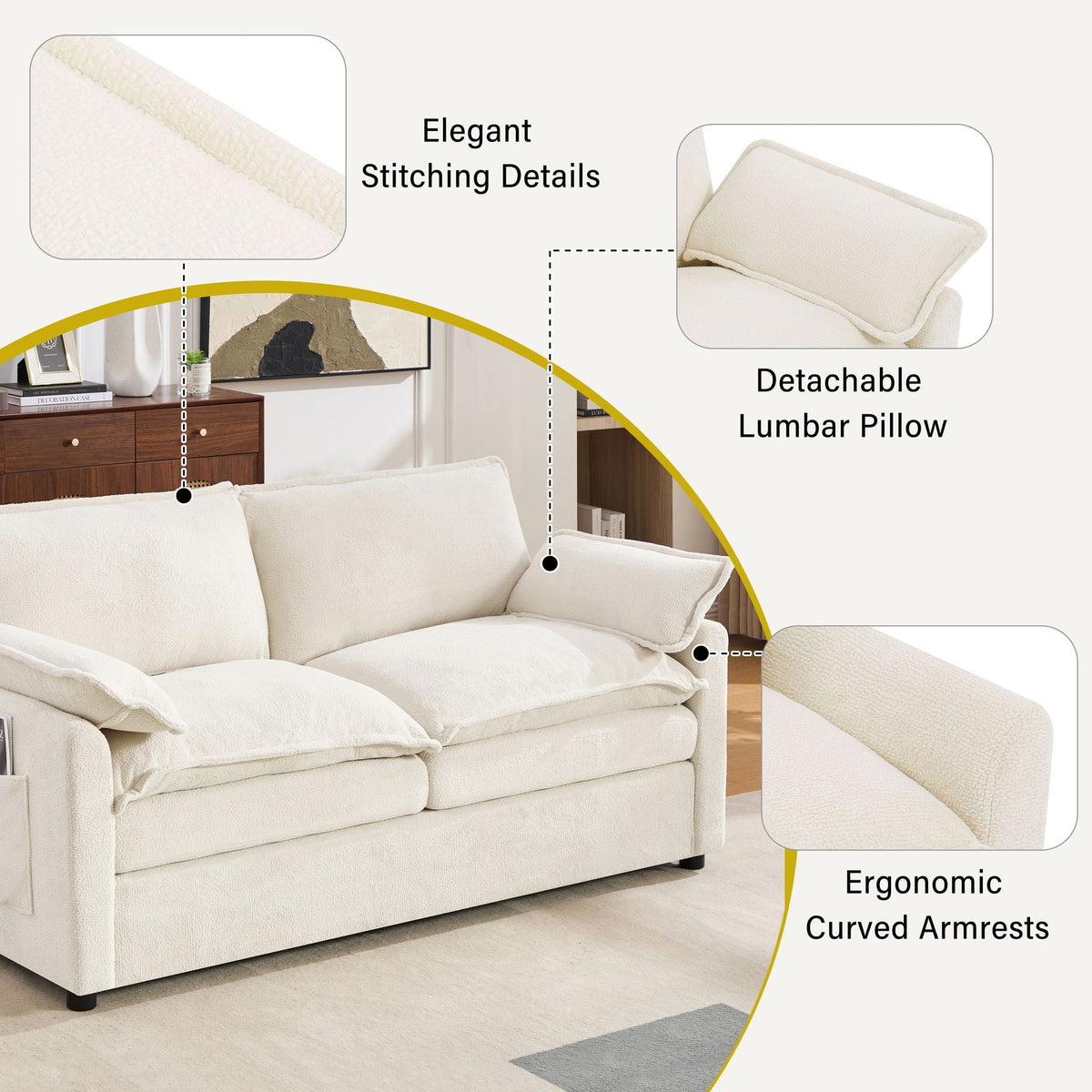 Modern Loveseat Sofa with Side Storage Pockets - Green, Beige, or Dark Gray