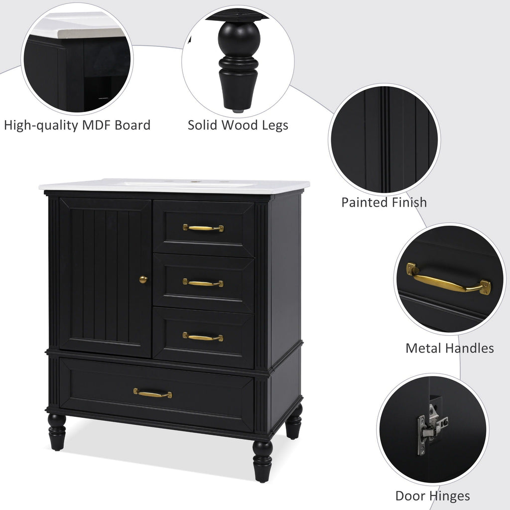 30" Bathroom Vanity with Sink and Soft-Close Drawers - White or Black
