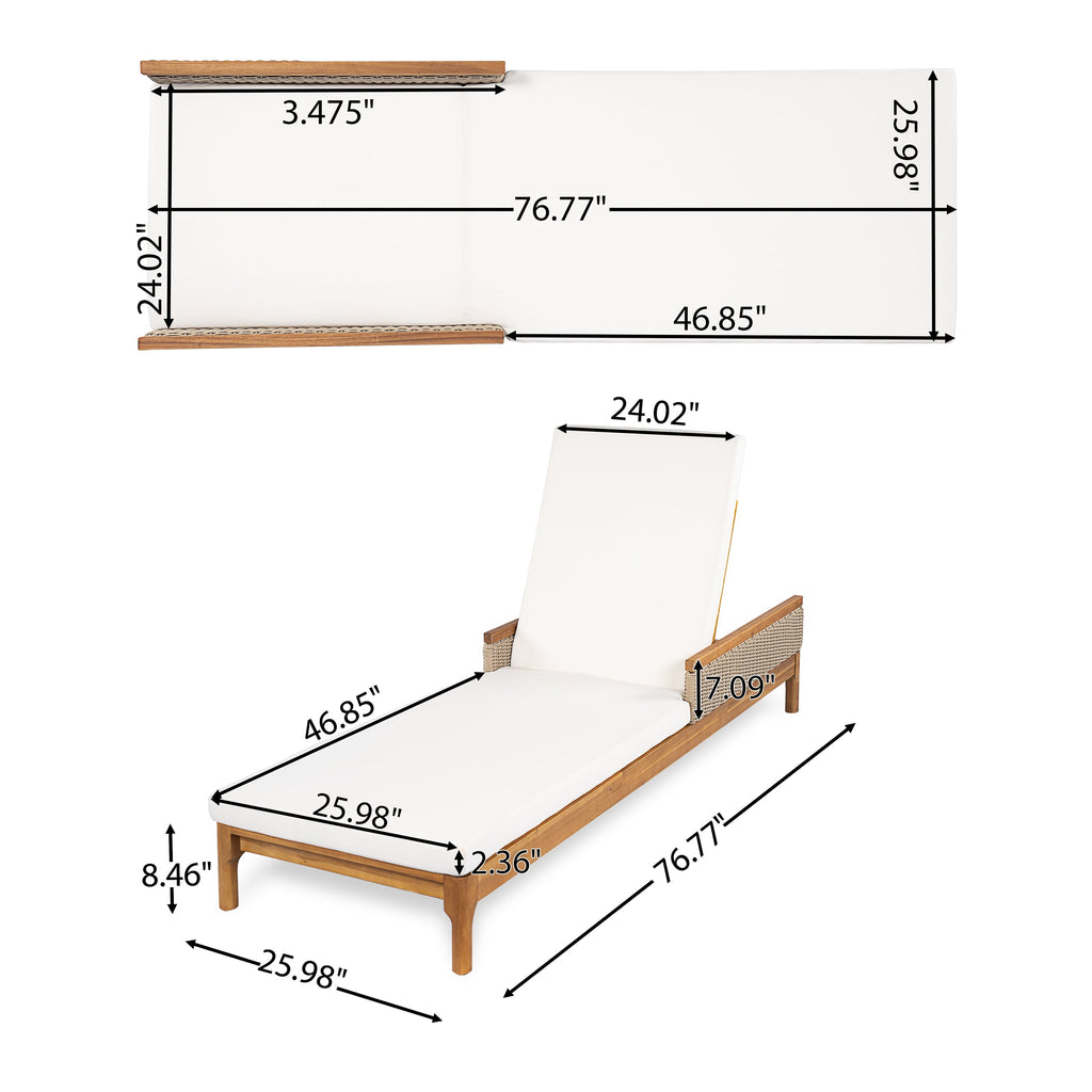 Solid Acacia Wood Sun Lounger with Waterproof Beige Cushions - Light Grey Wicker