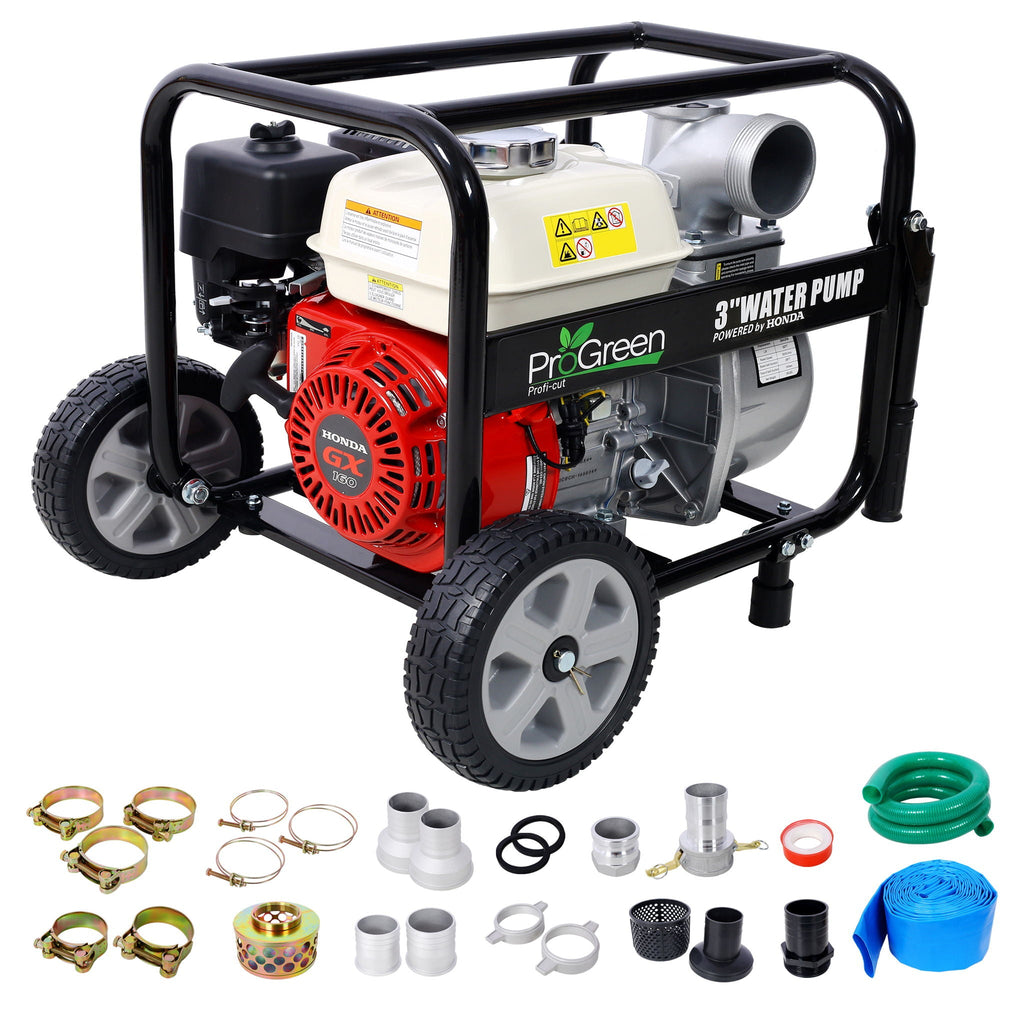 Honda GX160 Engine Water Pump 3" with Accessories Kit and Handle Wheel Kit - Black/Red