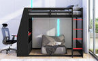 Full Size Wooden Gaming Bunk Bed with Desk and LED Light - Black/Red