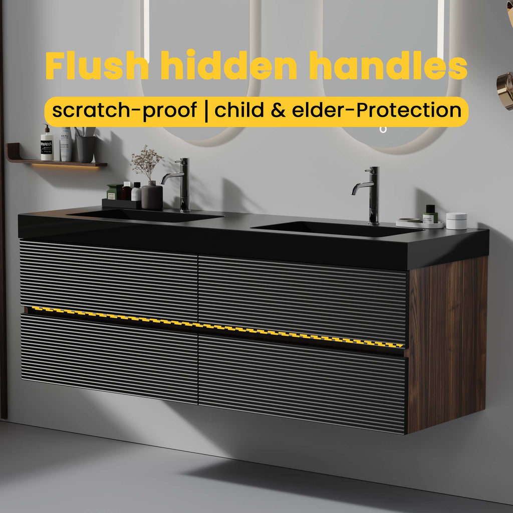 Grace 60" Wall-Mounted Bathroom Vanity with Storage - Walnut & Black Granite