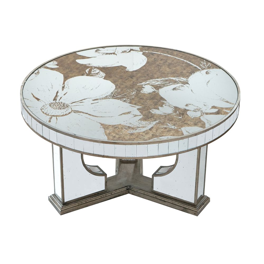 Mirrored Round Coffee Table with Floral Design - Pearl Silver