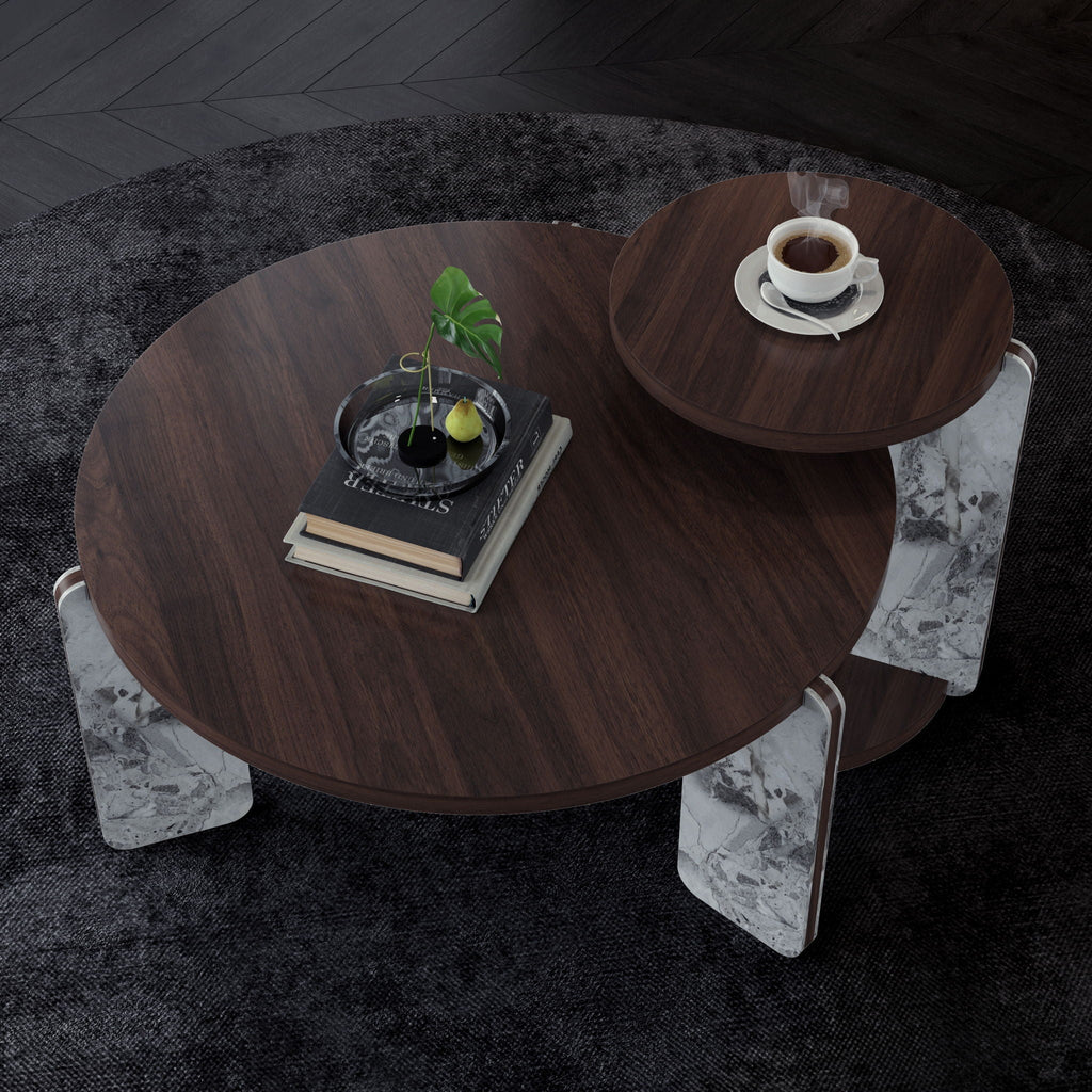 Coffee Table Set with Faux Marble Top - Dark Brown