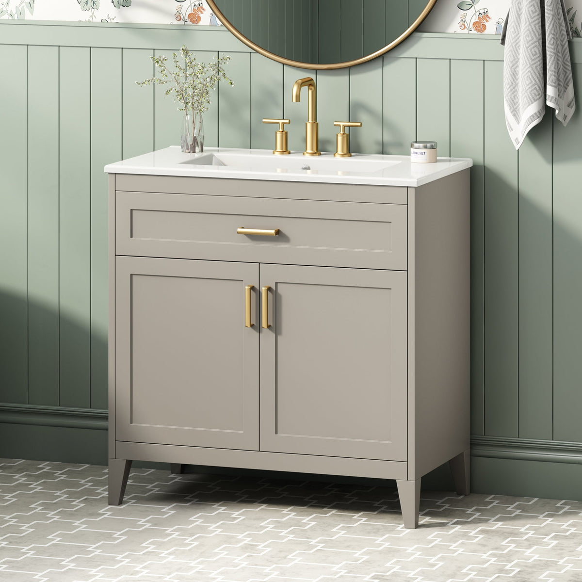 30" Bathroom Vanity with Ceramic Sink Top and Solid Wood Legs - Beige or Wood