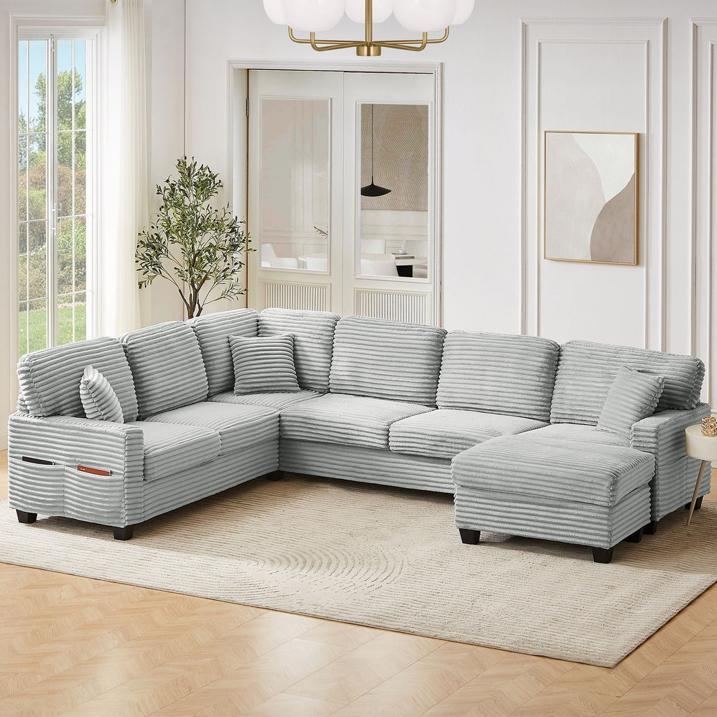 U-Shaped Upholstered Sectional Sofa with Movable Ottoman