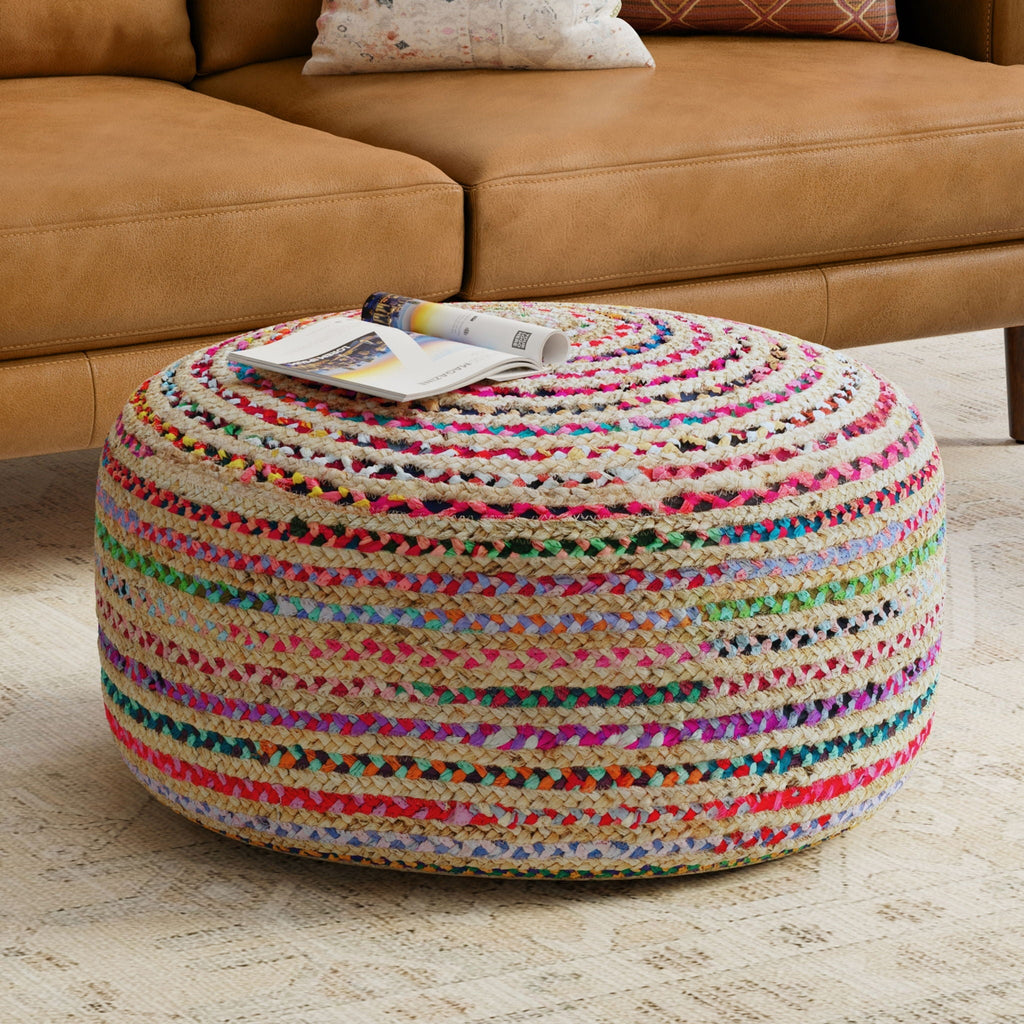 Large Round Pouf with Woven Cotton & Jute - Multicolor