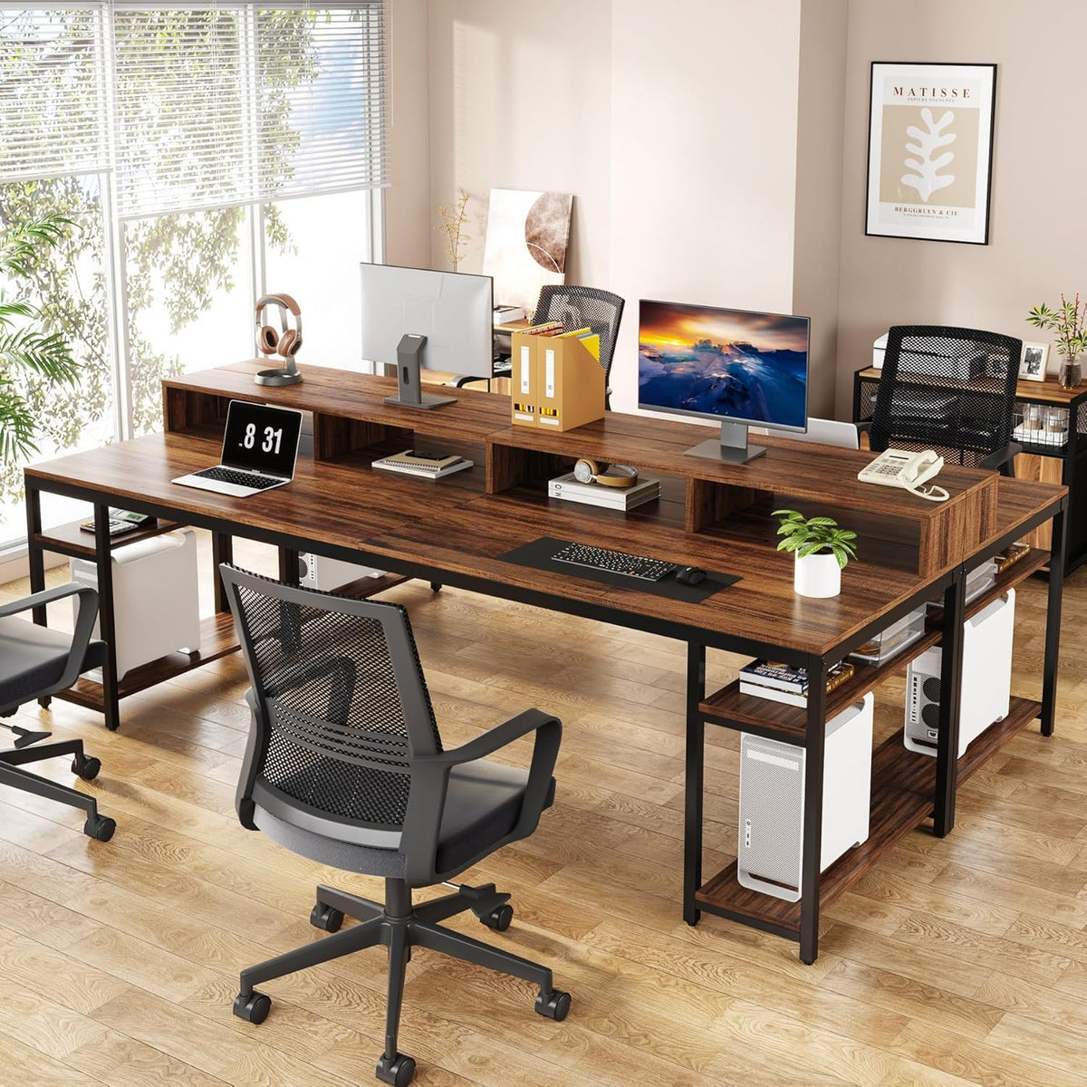 2 Person Desk with Monitor Stand and Dual Storage - Brown / Black