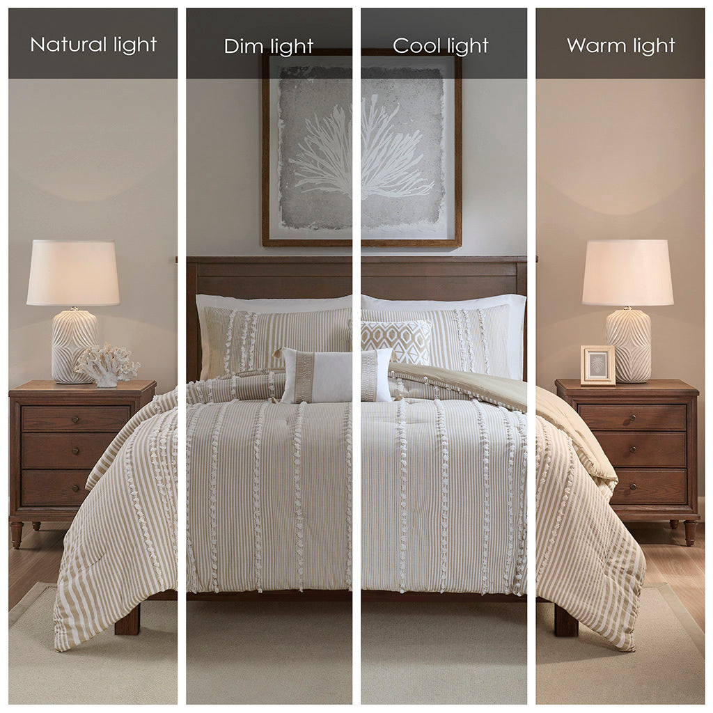 Full/Queen 3 Piece Cotton Yarn Dyed Comforter Set with Tufted Embroidery - Taupe