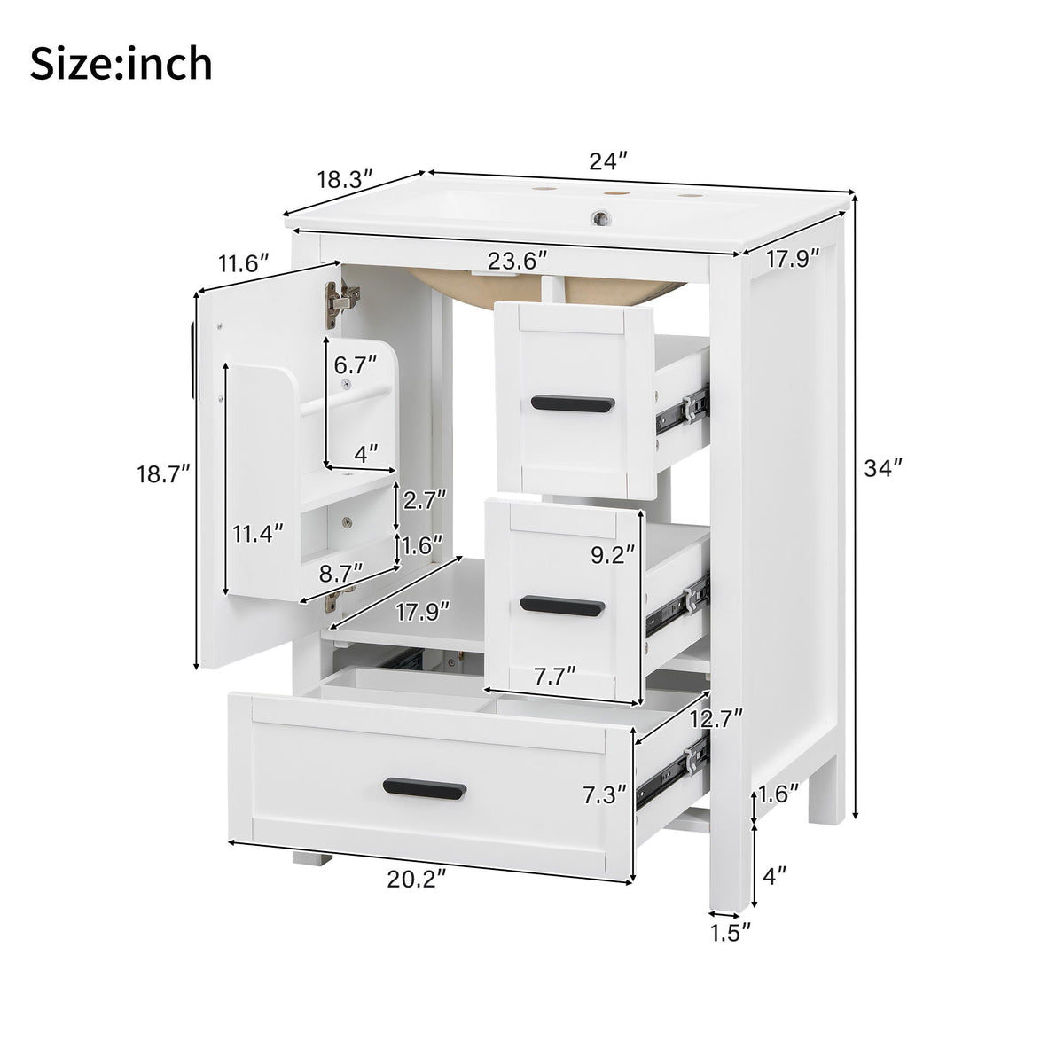 Bathroom Vanity with Sink, Soft-Close Doors & 3 Drawers - White, Black, Green