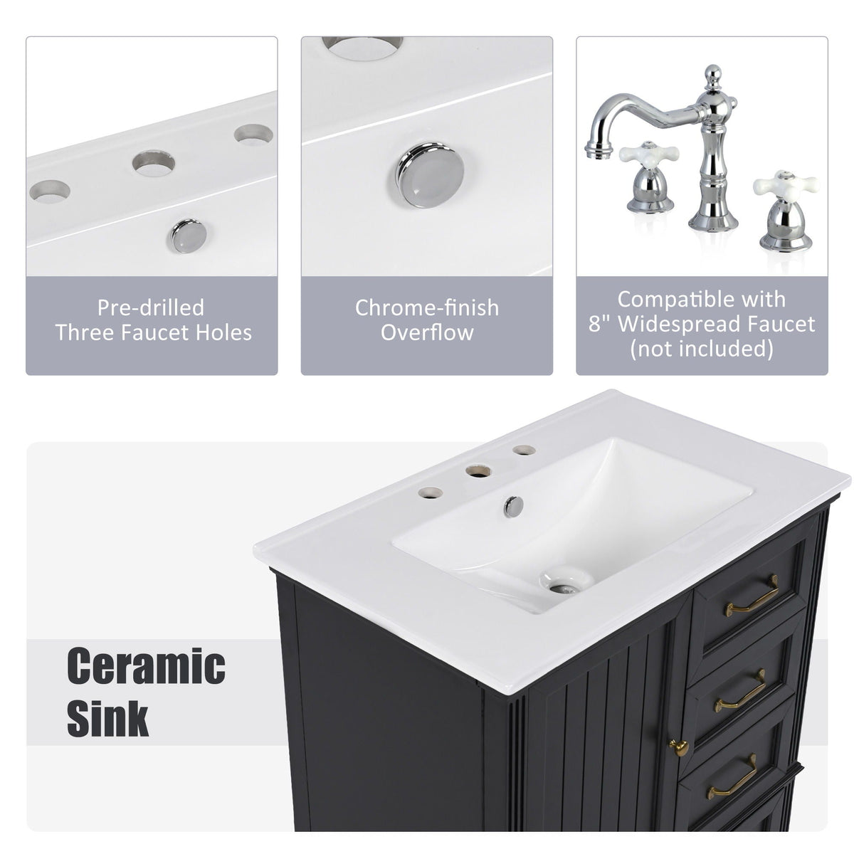 30" Bathroom Vanity with Sink and Soft-Close Drawers - White or Black