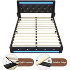 Wingback Upholstered Bed Frame with LED Lights and Charging Station - Black or White
