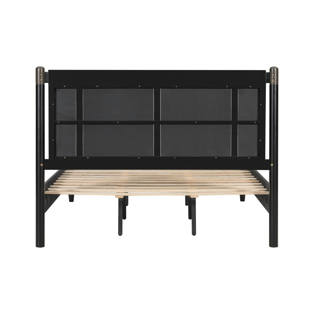 Solid Wood Queen Bed with 500 lbs Support and Fabric Headboard - Dark Grey