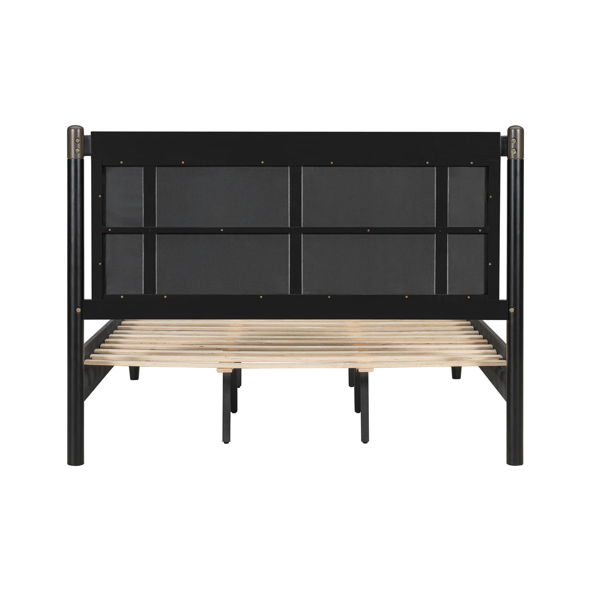 Solid Wood Queen Bed with 500 lbs Support and Fabric Headboard - Dark Grey