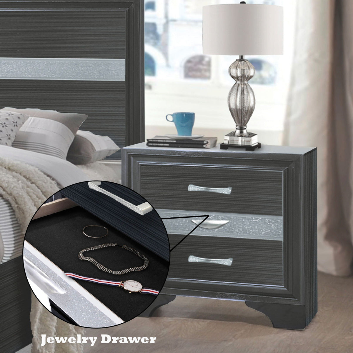 Chic Design Accent Nightstand with Felt-Lined Jewelry Drawer – White, Black, or Dark Gray
